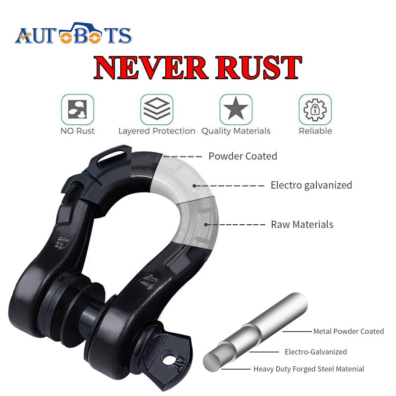 AUTOBOTS أغلال حلقية على شكل حرف D من AUTOBOTS شديدة التحمل (عبوة من قطعتين) سعة 68.000 رطل أقوى من 3/4 بوصة على شكل حرف D مع دبوس لولبي 7/8 بوصة لحزام السحب ونش الطرق الوعرة لاستعادة السيارة باللون الأسود - Image 4